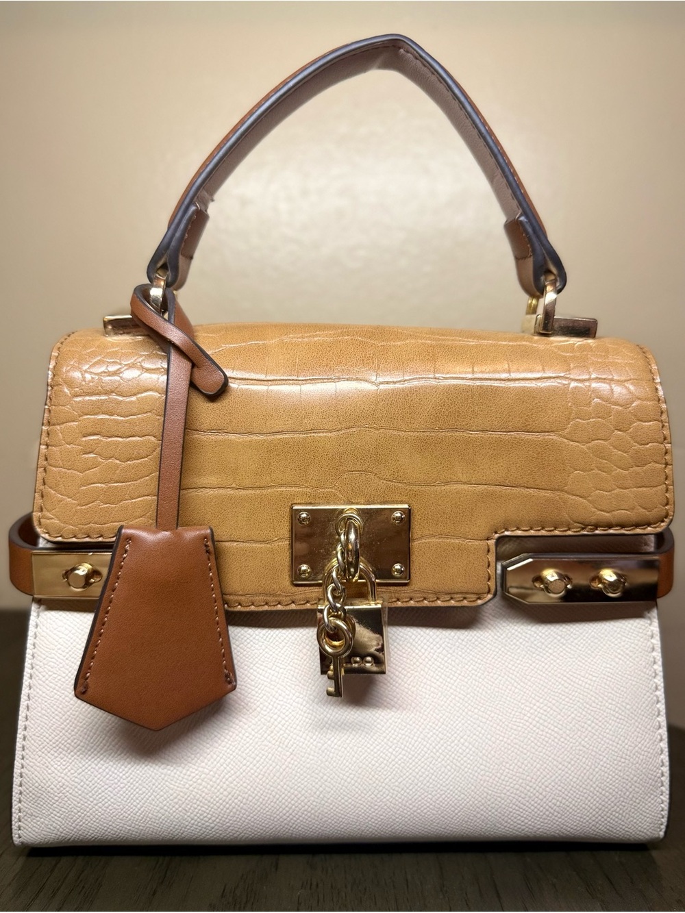 ALDO Colorblock Croc-Embossed Satchel Bag – Tan/Cream with Gold Hardware